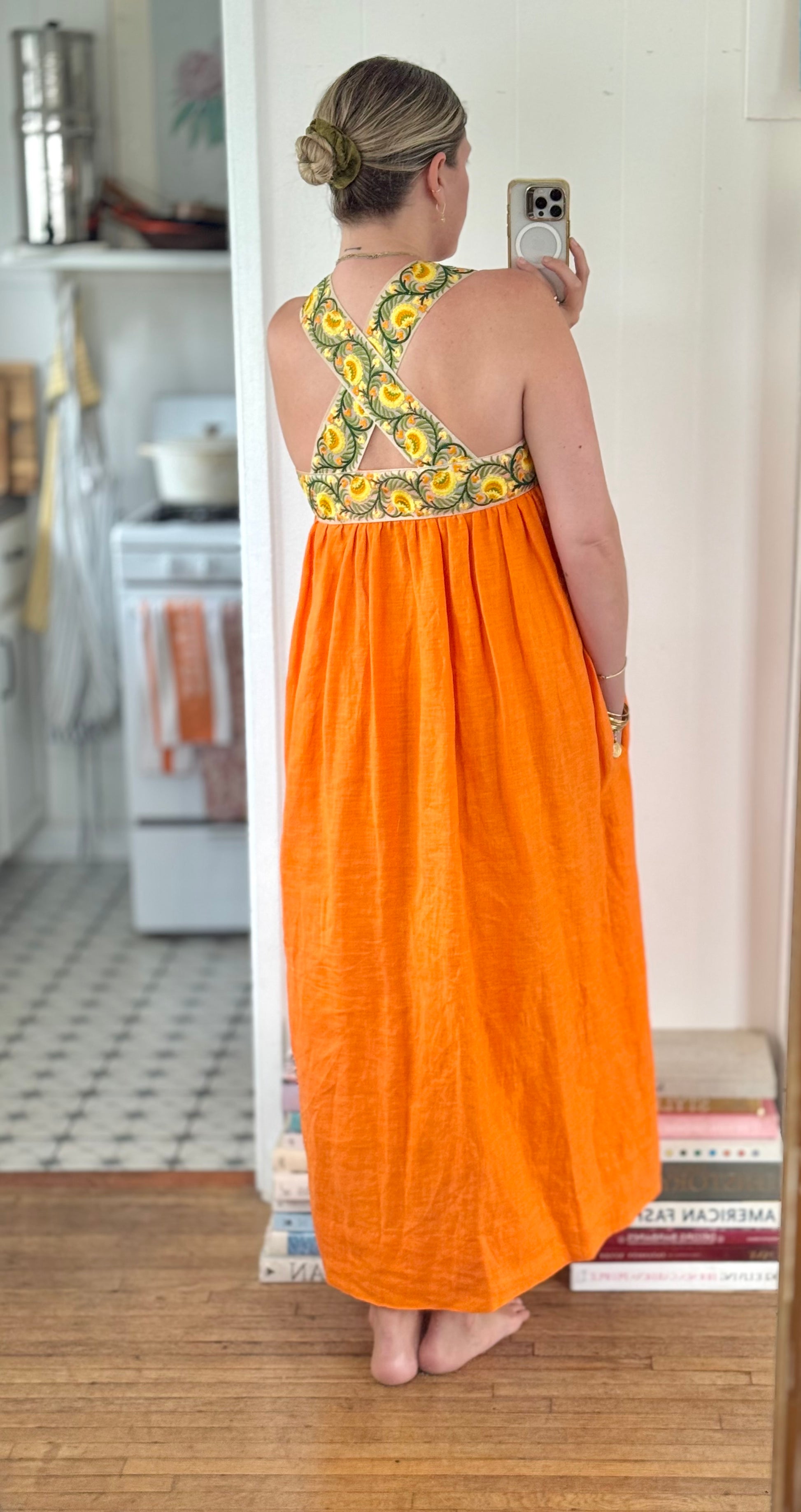 Cross-Back Dolly Dress in Coral Honeysuckle The Syd Saturday Shop Cross-Back Dolly Dress in Coral Honeysuckle The Syd Saturday Shop