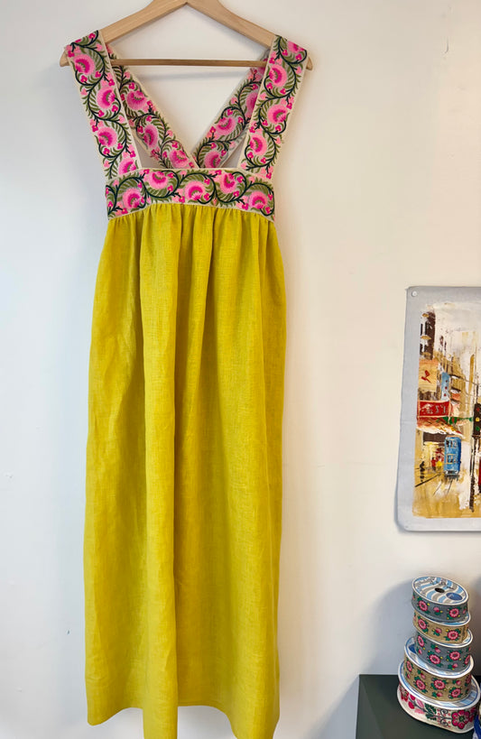 Cross-Back Dolly Dress in Wasabi & Bubblegum