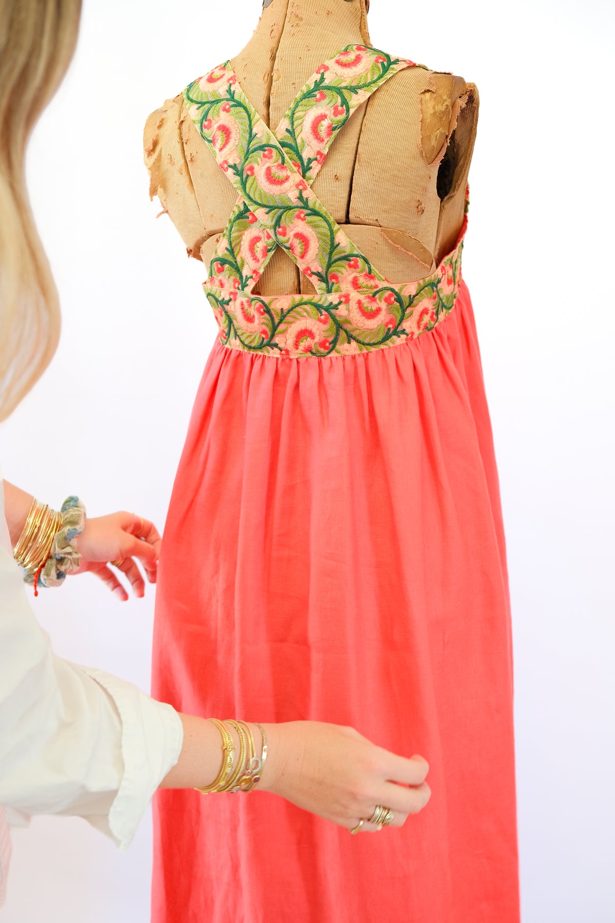 Cross-Back Dolly Dress in Coral Honeysuckle
