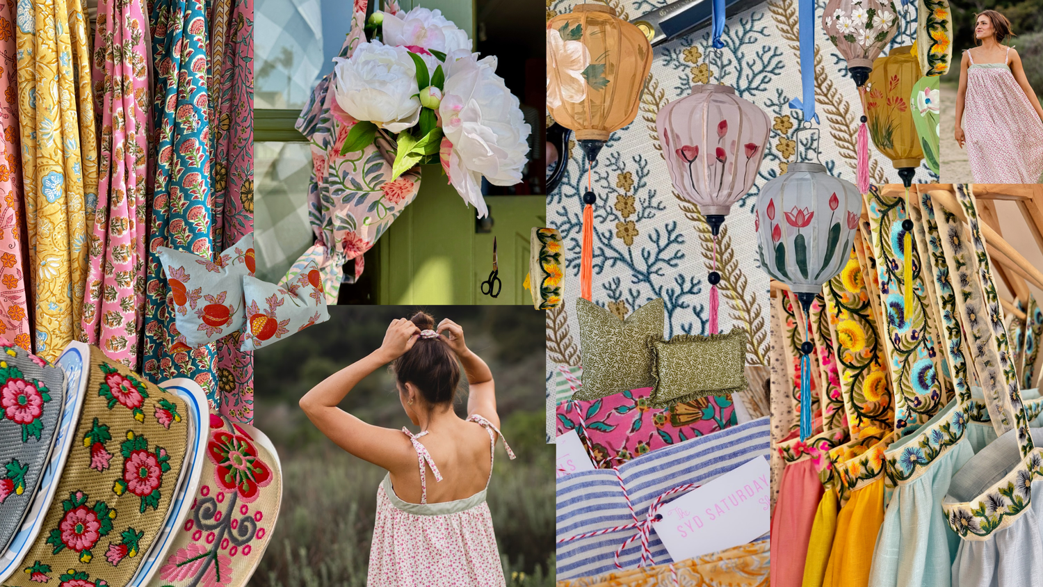 A collage of colorful bohemian-style home decor and textiles, including patterned fabrics, floral wall hangings, lanterns, pillows, and a woman wearing a pink dress in an outdoor setting.